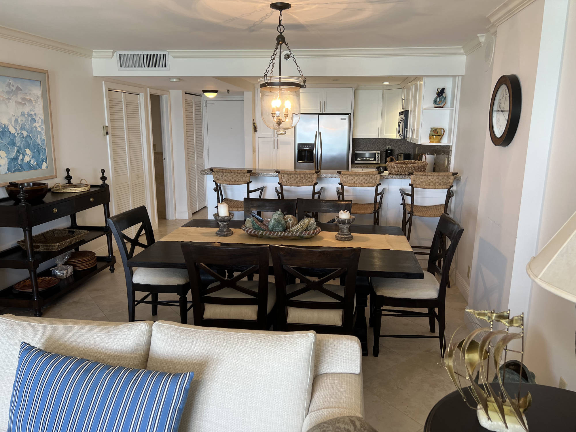 dining table with kitchen in background