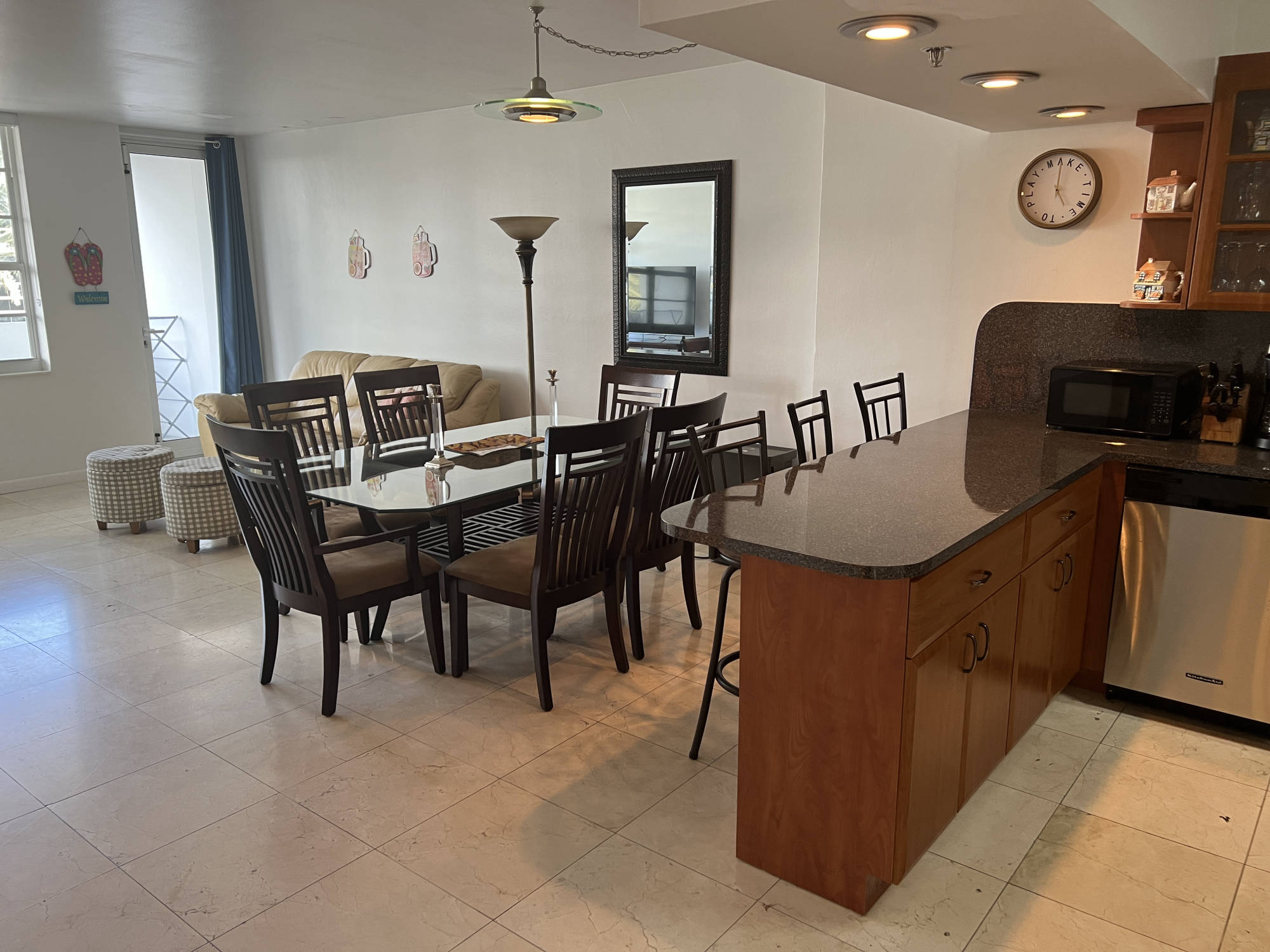 closer look at kitchen counter and dining table